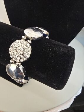 Silver-Tone Pave & Blue Disc Reversible Stretch Bracelet